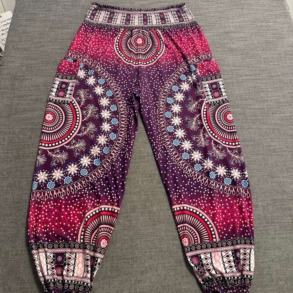 QIANXIZHAN Harem Pants Womens XL Purple Pink Boho Mandala Smocked Jogger